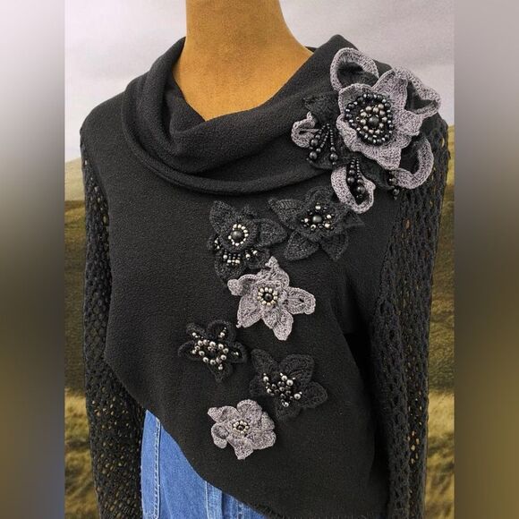 Y2K Whimsigoth Knitted Floral Sweater Top:Mesh Festival Going Out Party Grunge - Picture 4 of 8